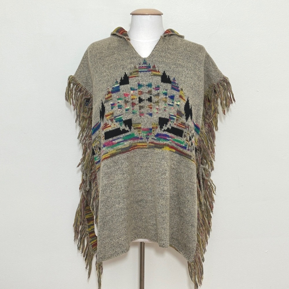 Selfie Couture Womens Poncho M/L Aztec Jacquard Fringe Hooded Southwest Western